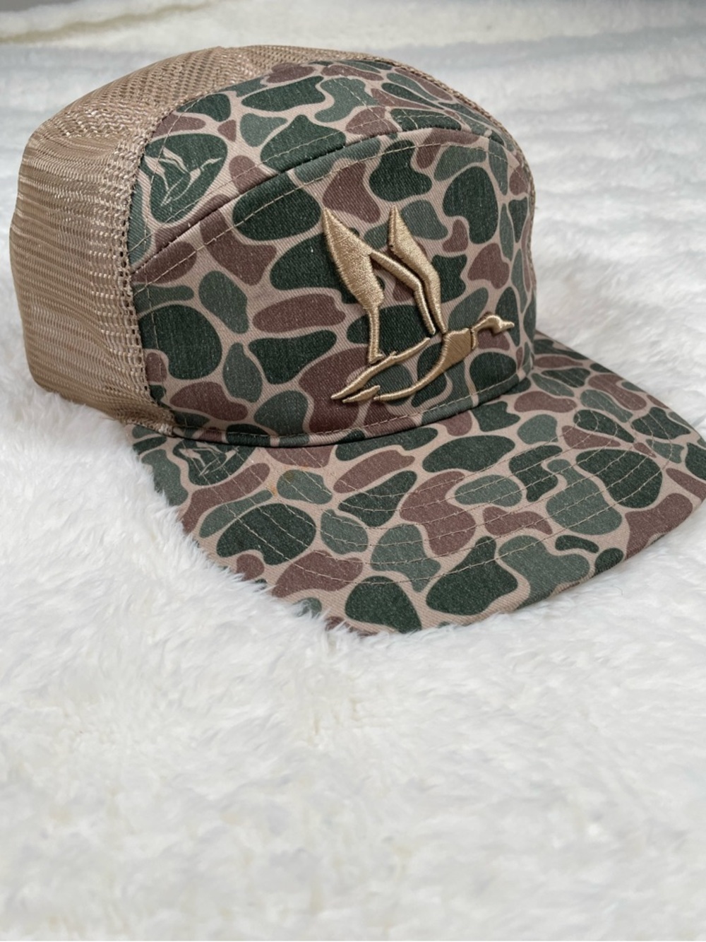 Roost Waterflow Camo Trucker Hat with Gold Embroidered Logo
